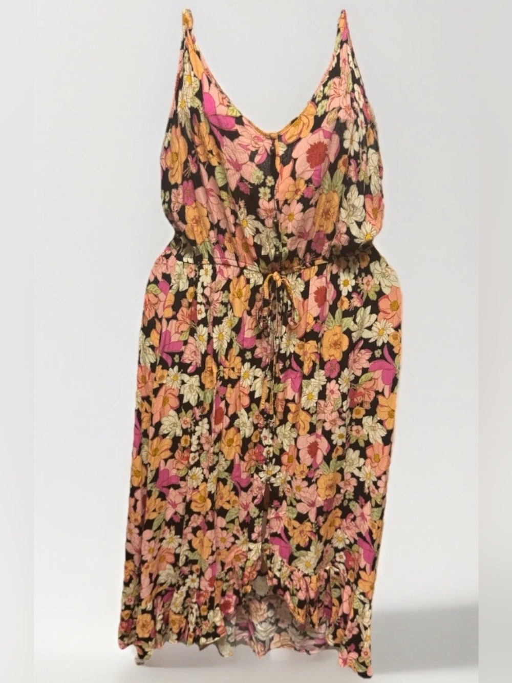 Rewind Black Floral Midi Dress with Pink & Peach Blooms V-Neck Front Spits